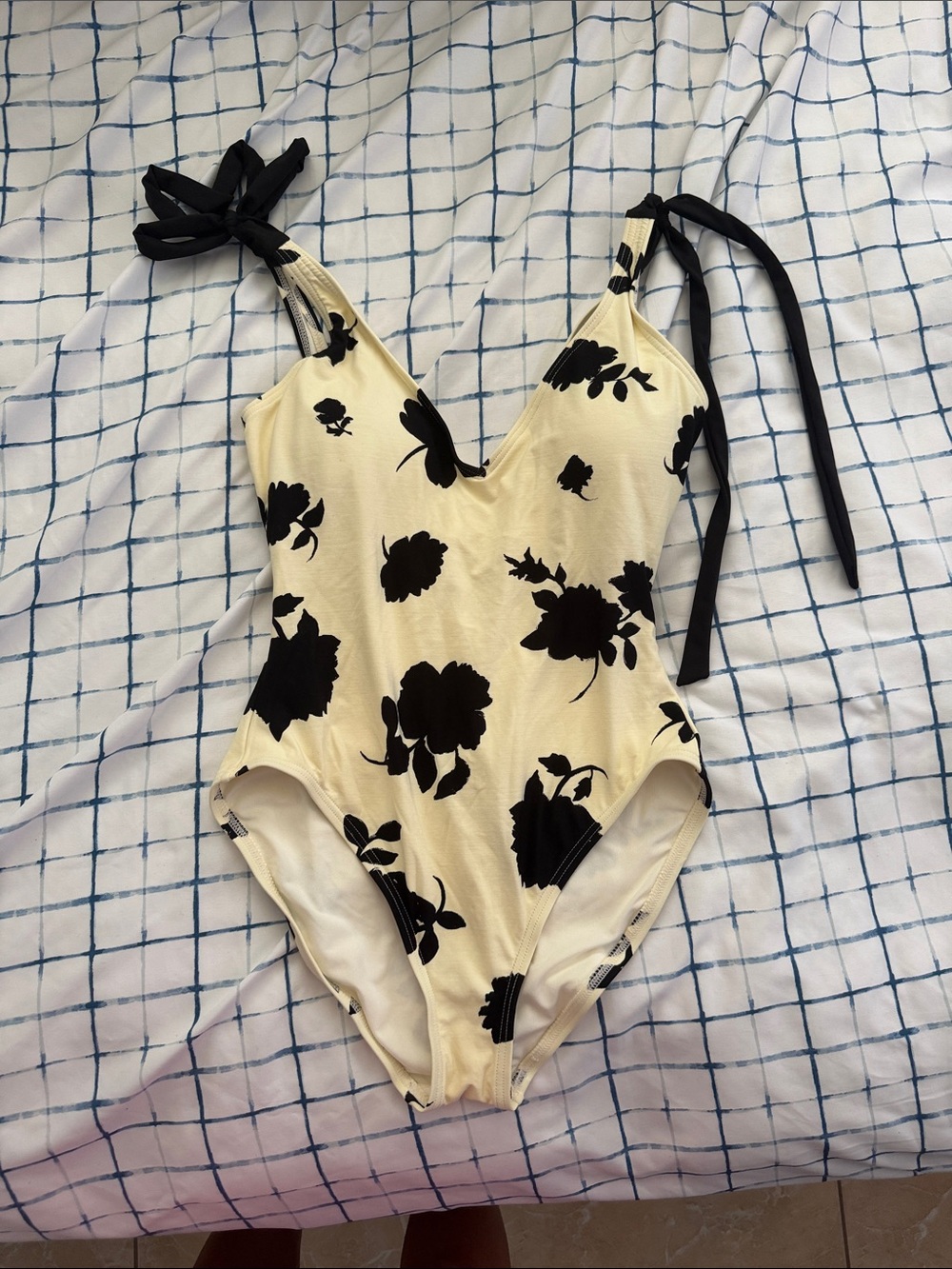 kate spade Cream One-Piece Swimsuit with Black Floral Print and Tie Straps